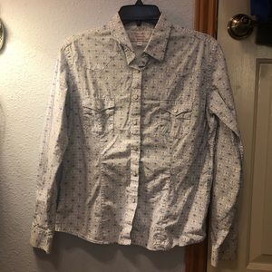 white and blue pattern button down